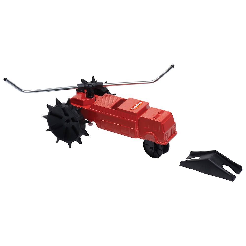 This image shows a red, wheeled lawn aerator with metal handles and two black spiked rollers, accompanied by a separate black plastic part.