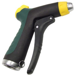 This is a garden hose nozzle with a trigger design, featuring a yellow top, a green and black handle, and a metal tip.