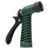 This is a green and black garden hose nozzle with an ergonomic grip and a trigger. It has a brass attachment and variable spray settings.