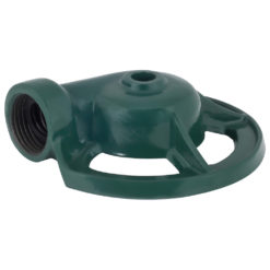 This is a dark green, circular lawn sprinkler base with a threaded inlet for attaching to a garden hose, featuring a low-profile, looped handle design.