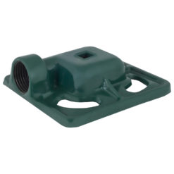 This is a green base for a Christmas tree stand with a threaded trunk receptacle, slots for stability, and a symmetric rectangular design intended for holiday use.