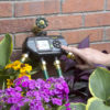 A person is adjusting a digital water timer attached to a brick wall amidst colorful flowers, managing irrigation with two hose connections visible.