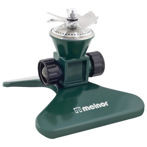 This is an oscillating lawn sprinkler with a green base by Melnor. It has adjustable spray patterns and a rotary dial for controlling the water flow.