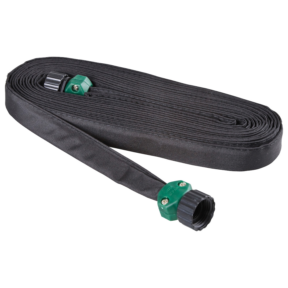 This is an image of a coiled, flat black garden hose with green connectors on both ends, one with a twist coupling, isolated on a white background.