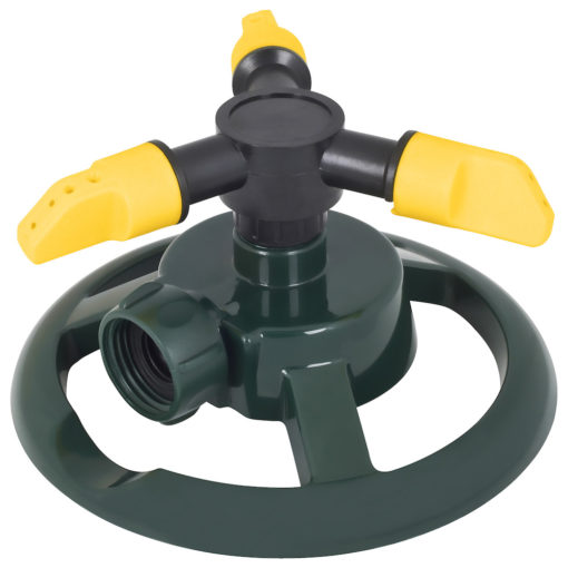 This image shows a green and yellow circular sprinkler with four arms, each with yellow tips, designed for watering gardens or lawns.