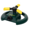 This is an image of a green and yellow Melnor-brand rotating lawn sprinkler with three arms, designed for watering grass or a garden.