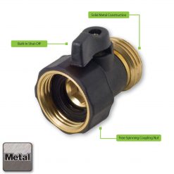 This is an image of a solid metal garden hose shut-off valve featuring a built-in shut-off lever and a free-spinning coupling nut for easy attachment.