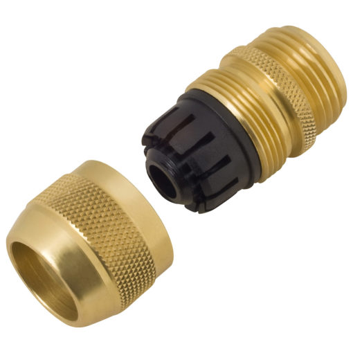 This is a close-up image of three separate brass garden hose fittings, with one featuring a black plastic component, against a white background.