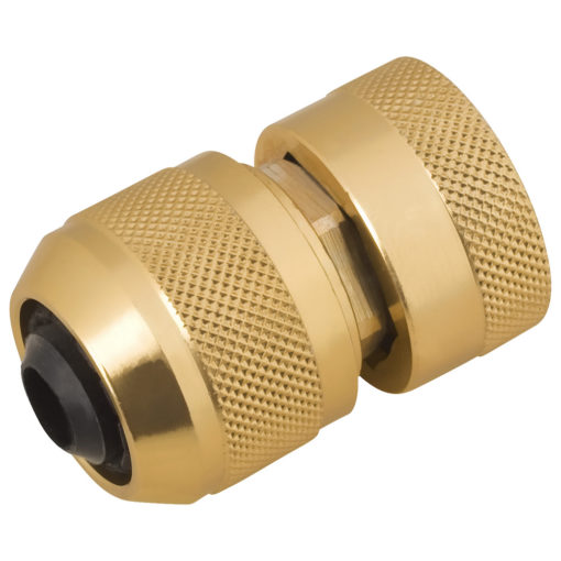 This is a brass garden hose quick connector with a knurled finish, consisting of two pieces designed for easily attaching and detaching a hose.