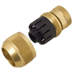 This is an image of a disassembled brass quick connect fitting for hoses, featuring a male and a female part with knurled surfaces for grip.