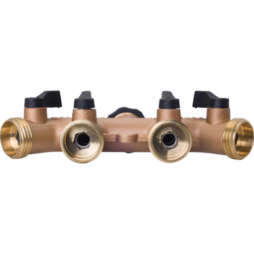 This is a brass plumbing manifold with multiple ports and black valves. Used for distributing water to various outlets, the fittings are symmetrical and robust.