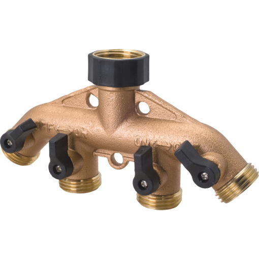 This image shows a brass manifold with four valves and connections used for controlling fluid flow in a plumbing system, set against a white background.