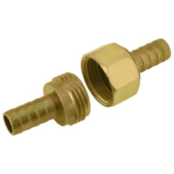 This image shows a brass hose fitting with a hexagonal female connector on one end and a barbed male end for attaching to a hose on the other.