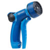 This is a blue garden hose nozzle with an adjustable spray pattern head and a trigger handle. It is branded 