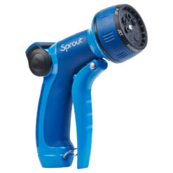 This is a blue garden hose nozzle with an adjustable spray pattern head and a trigger handle. It is branded "Sprout" and has a loop for hanging.