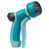 This is a teal-colored garden hose nozzle with adjustable spray patterns, labeled 