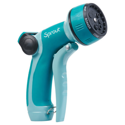 This is a teal-colored garden hose nozzle with adjustable spray patterns, labeled "Sprout," with a trigger handle and a rotating head for different settings.