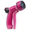 This image features a pink garden hose nozzle with adjustable spray patterns, including 