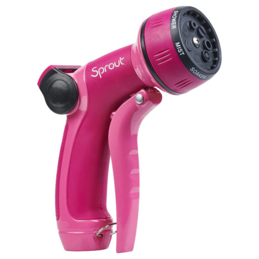 This image features a pink garden hose nozzle with adjustable spray patterns, including "shower" and "mist," with a comfortable grip handle and a trigger.