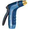 This image shows a blue and black garden hose nozzle with a metallic tip. The nozzle has an ergonomic grip and a trigger-style handle.