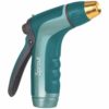 This is a garden hose nozzle with a turquoise and black grip, gold-colored sprayer head, and an adjustable spray pattern lever. The brand 