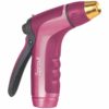 This image shows a pink and black garden hose nozzle with a trigger handle. It has a metallic gold tip and is branded 