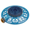 This is a blue ornate circular garden hose holder with a decorative pattern. It includes a gray winding mechanism and a brass fitting.