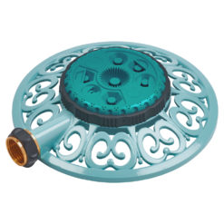 This image shows a round, turquoise-coloured hose reel with intricate patterns. It has a black core and a beige hose connector on the side.