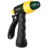 This is an image of a handheld garden hose nozzle with a black grip, green body, and yellow accents, featuring a trigger and an adjustable spray head.