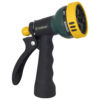 This image shows a black and green garden hose nozzle with multiple settings such as jet and shower, featuring a trigger handle and a yellow selector.