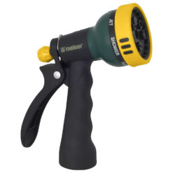 This image shows a black and green garden hose nozzle with multiple settings such as jet and shower, featuring a trigger handle and a yellow selector.