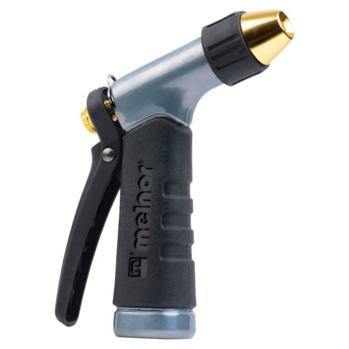 This image displays a garden hose nozzle with an ergonomic handle and a brass tip, used for watering plants or cleaning outdoor spaces.