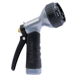 This is a photo of a gray and black handheld garden hose nozzle with a rubber grip and a dial to adjust water spray patterns.