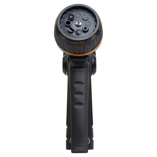 This is an image of a black and orange garden hose nozzle with multiple spray settings indicated at the top, such as "flat," "center," and "jet."