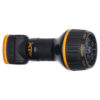 This is an image of a black and orange garden hose nozzle with adjustable spray settings, marked 