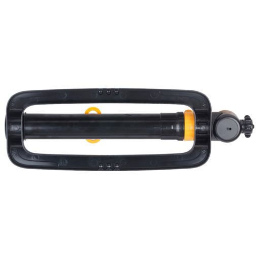 This is a black and yellow manual bilge pump, commonly used to remove water from boats, displayed on a white background with the handle extended out.