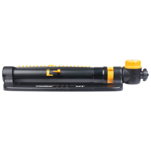 This image displays a black, yellow, and grey portable bike pump with a pressure gauge, a flexible hose, and a valve connector on a white background.