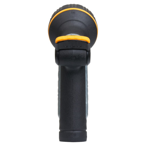 This is a black rubberized flashlight with a yellow and orange accent near the head, viewed from the front, isolated on a white background.