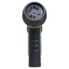 This is a black and orange garden hose nozzle with a multifunctional head. It has various settings for water spray patterns, like 'jet' and 'center'.