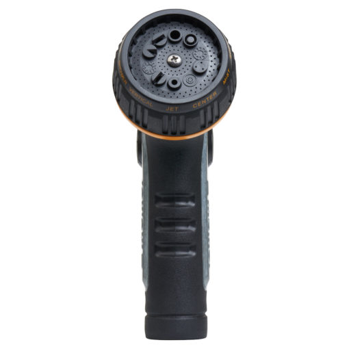 This is a black and orange garden hose nozzle with a multifunctional head. It has various settings for water spray patterns, like 'jet' and 'center'.