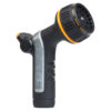 This image shows a black garden hose nozzle with a grey handle and yellow and black adjustments. It's isolated on a white background.