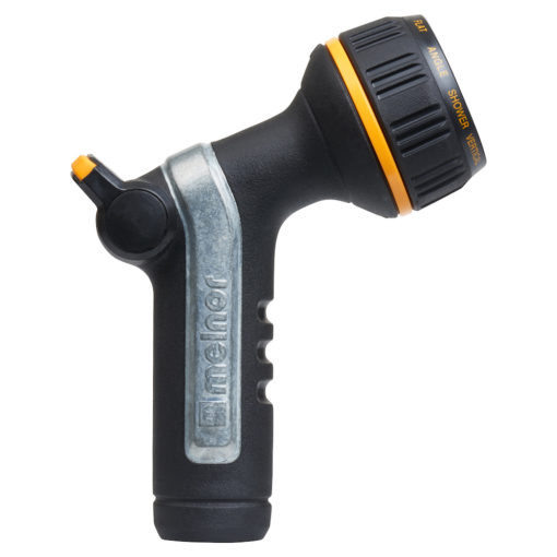 This is a black and gray garden hose nozzle with an orange trim. It features an ergonomic grip and an adjustable spray pattern dial on top.