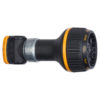 This is an image of a black and orange adjustable hose nozzle with a metallic connector. It has settings labeled 