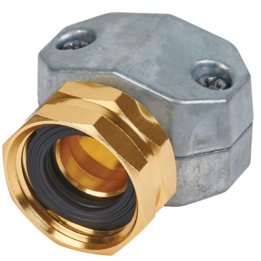 This image displays a metal cable gland with a hexagonal body and threads, featuring a silver-toned finish and a prominent golden-toned nut.