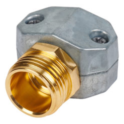 This is an image of a metal plumbing fitting. It has a galvanized hexagonal body with a gold-colored threaded end, possibly brass, for pipe connection.