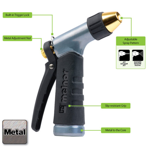 This is an image of a metal hose nozzle featuring a slip-resistant grip, adjustable spray pattern, metal adjustment nut, and a built-in trigger lock.