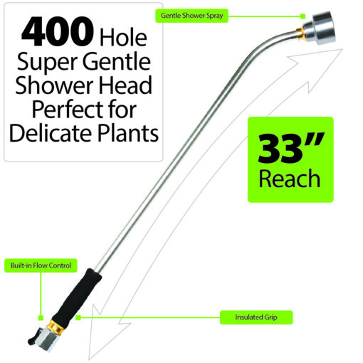 This is an advertisement image for a 400 Hole Super Gentle Shower Head, 33 inches long, designed for watering delicate plants and featuring an insulated grip.