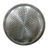 This image shows a circular, metallic object—possibly a kitchen utensil like a strainer or steamer—featuring numerous small, evenly spaced perforations on its surface.