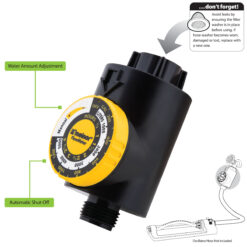 The image displays a black and yellow garden hose timer with labels indicating water amount adjustment and automatic shut-off, alongside a reminder about leak prevention.