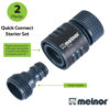 The image shows a two-piece Quick Connect Starter Set for garden hoses by Melnor, featuring a product end connector and a product adapter.